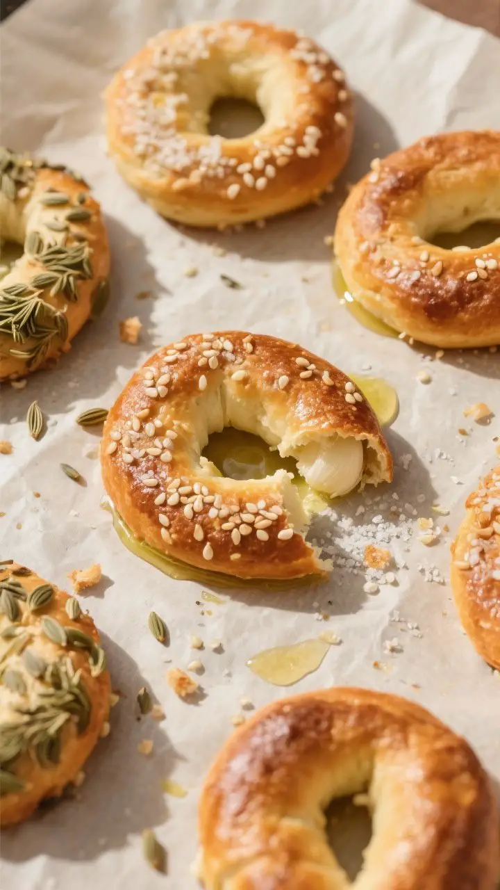 Tasty top view: Overhead shot of freshly baked taralli on a parchment-lined sheet, deep golden with