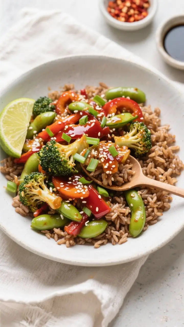 Tasty top view: Overhead shot of High-Fiber Veggie Stir-Fry spooned over a bed of fluffy brown rice