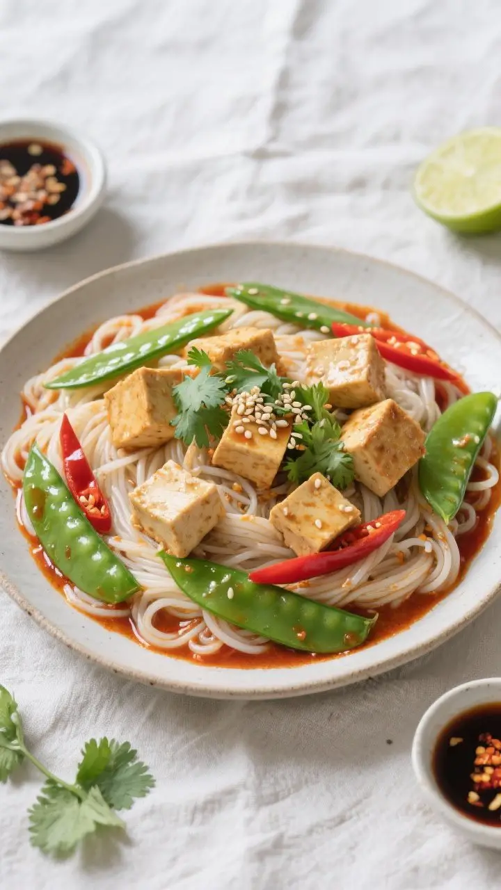 Tasty top view: Overhead shot of rice noodles tossed in the coconut red curry with tofu—noodles li