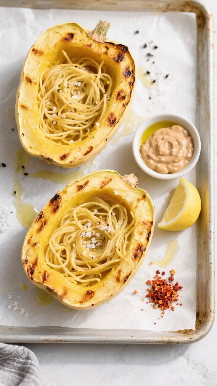 Tasty top view: Overhead shot of roasted spaghetti squash halves just shredded—golden, caramelized