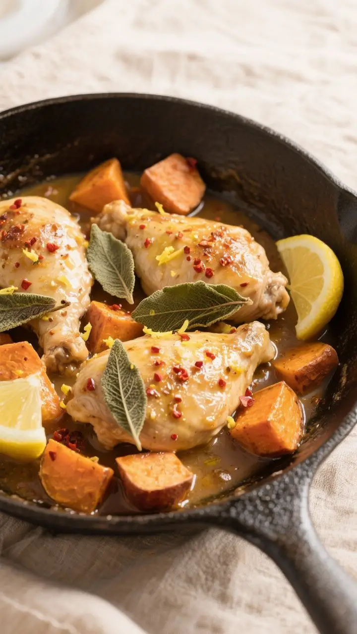 Tasty top view: Overhead shot of Sage Butter Chicken with Sweet Potatoes in the skillet just after d
