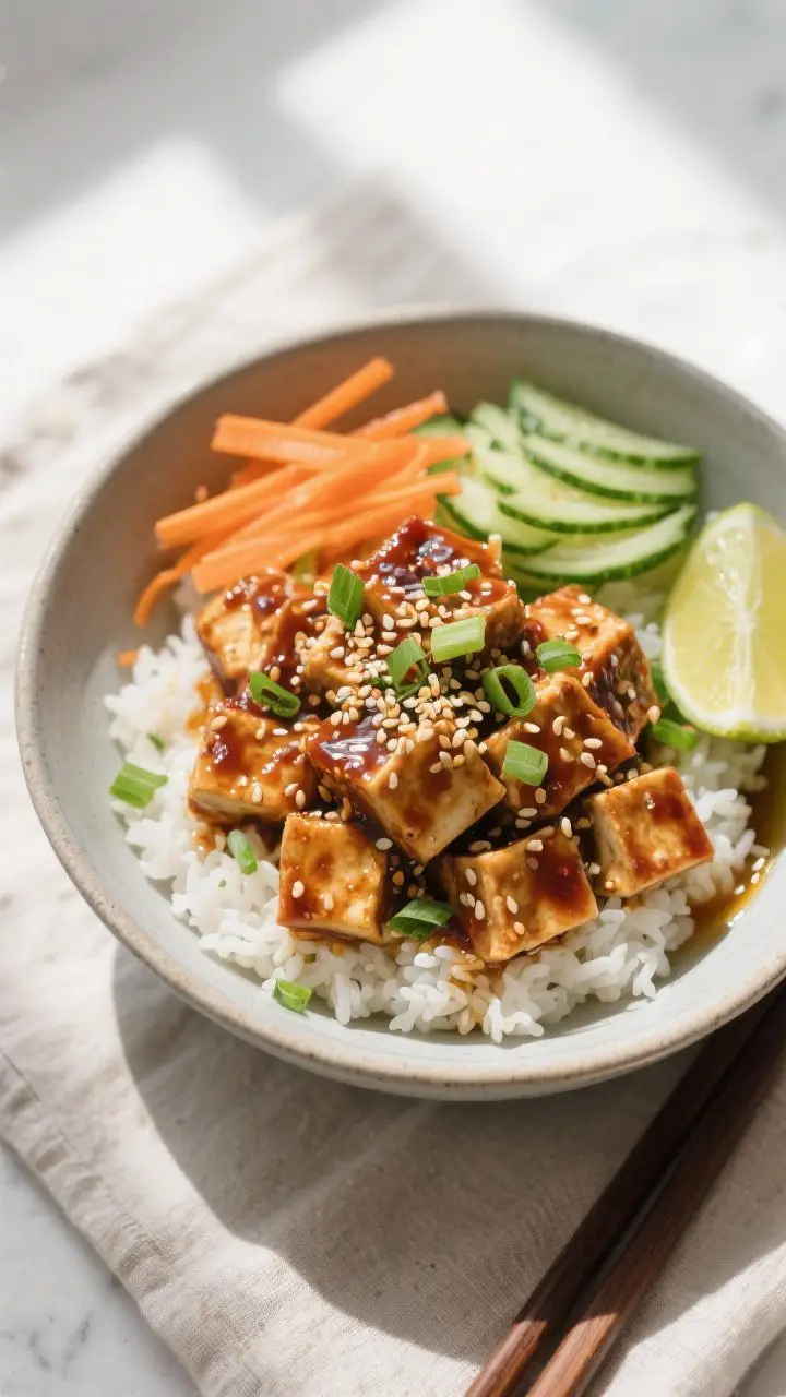 Tasty top view: Overhead shot of Spicy Sesame Tofu Bowls fully assembled—fluffy jasmine rice base,