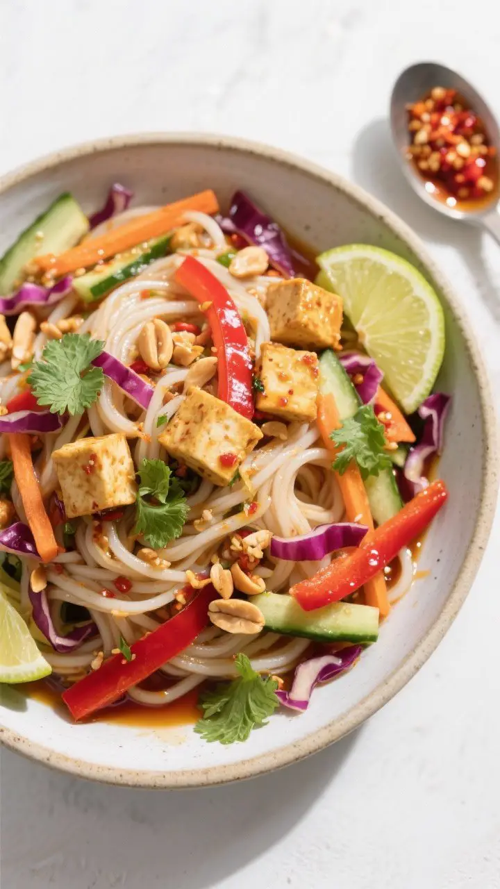 Tasty top view: Overhead shot of Spicy Thai Tofu Noodle Salad tossed and ready to serve in a wide ce