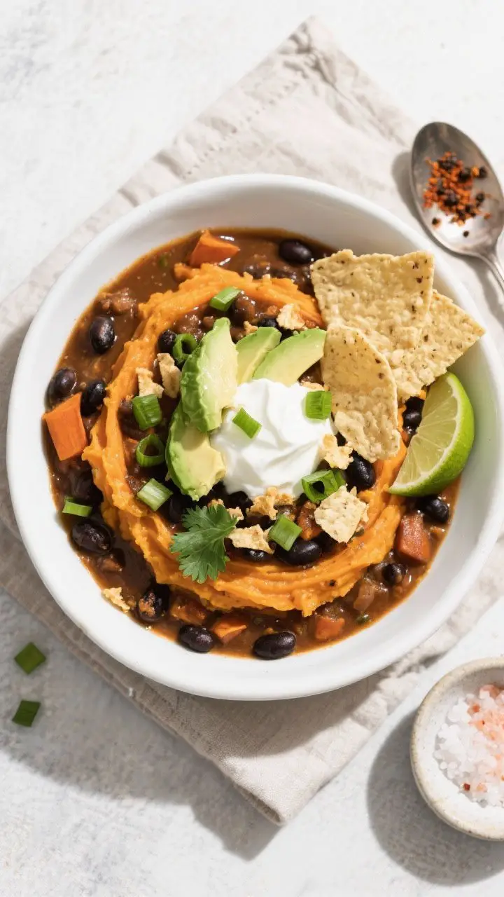 Tasty top view: Overhead shot of Sweet Potato & Black Bean Crockpot Stew in a wide, low white bowl, 