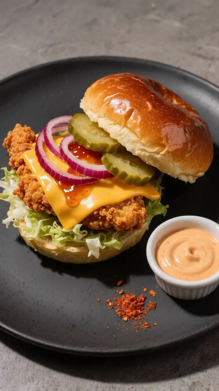 Tasty top view: Overhead shot of the assembled Chicken & Cheese Spicy Burger on a matte charcoal pla