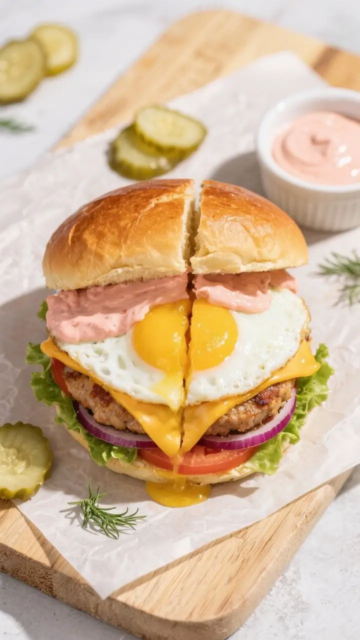 Tasty top view: Overhead shot of the assembled Chicken & Egg Classic Burger sliced in half to reveal