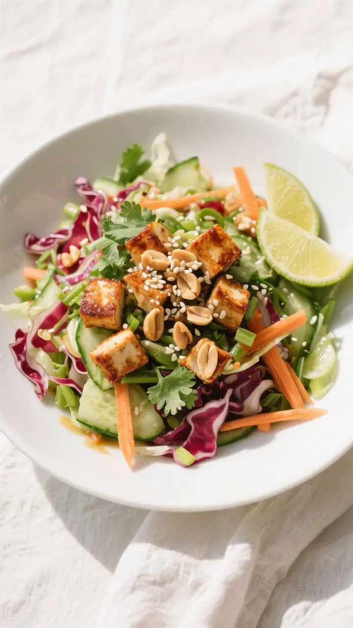 Tasty top view: Overhead shot of the assembled Ginger Soy Tofu and Cabbage Crunch Salad in wide shal