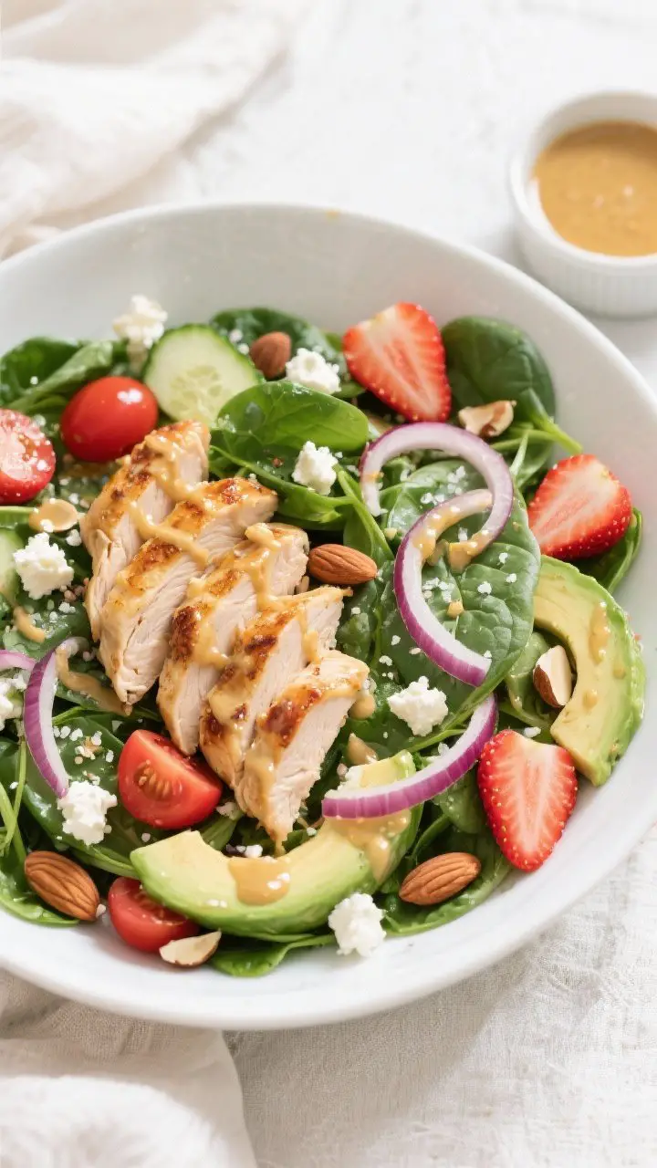 Tasty top view: Overhead shot of the assembled Honey Mustard Chicken and Spinach Salad in a wide, sh