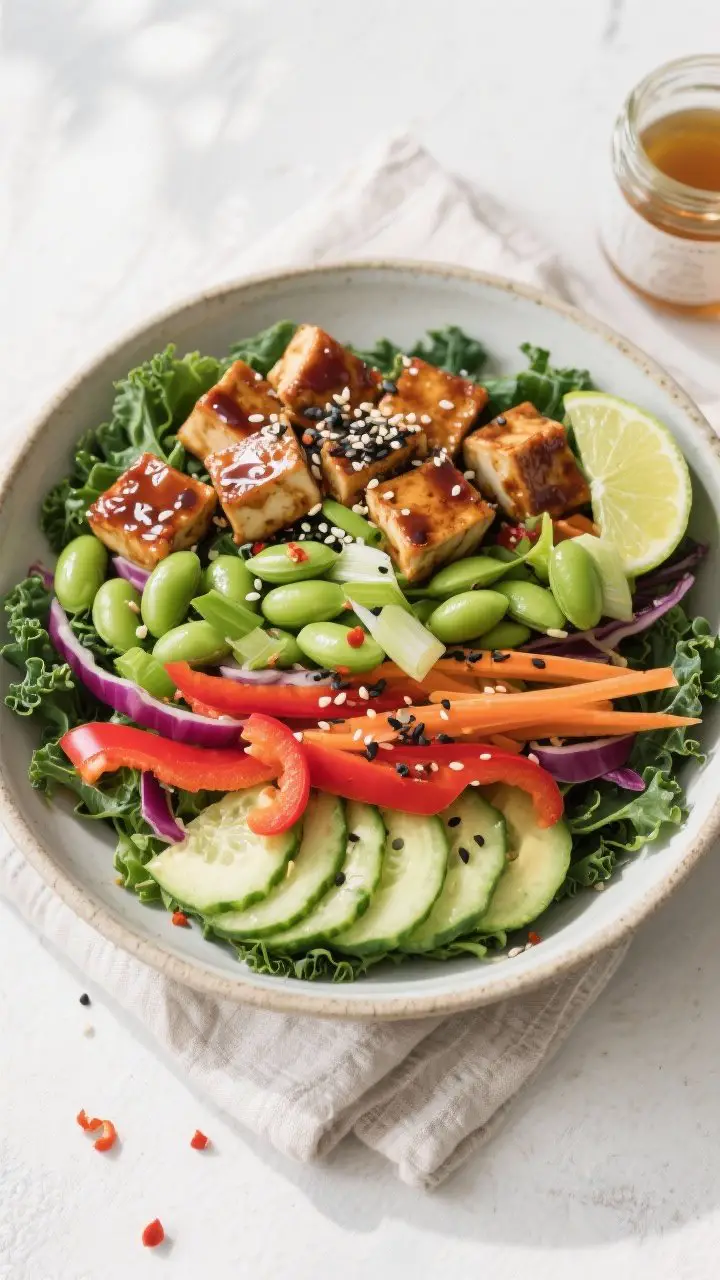 Tasty top view: Overhead shot of the assembled Teriyaki Tofu and Edamame Protein Salad in a wide sha