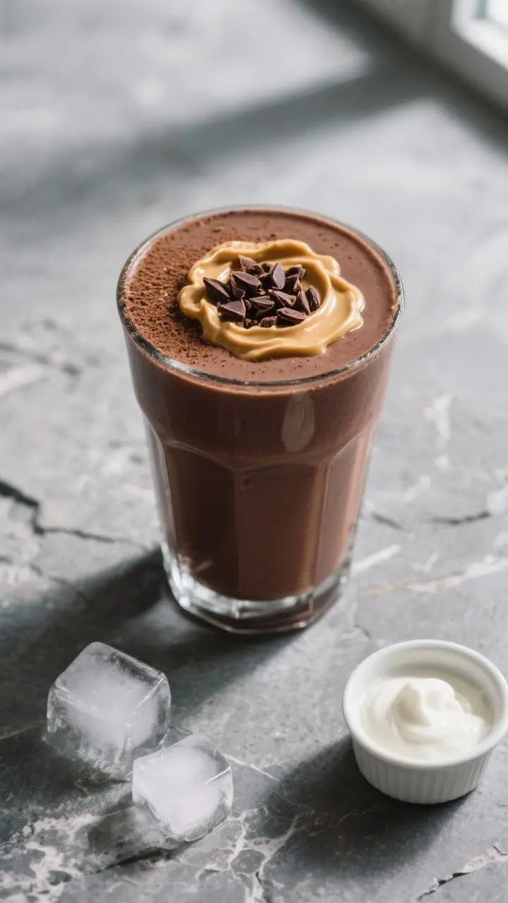 Tasty top view: Overhead shot of the final chocolate smoothie in a wide glass, topped with a swirl o
