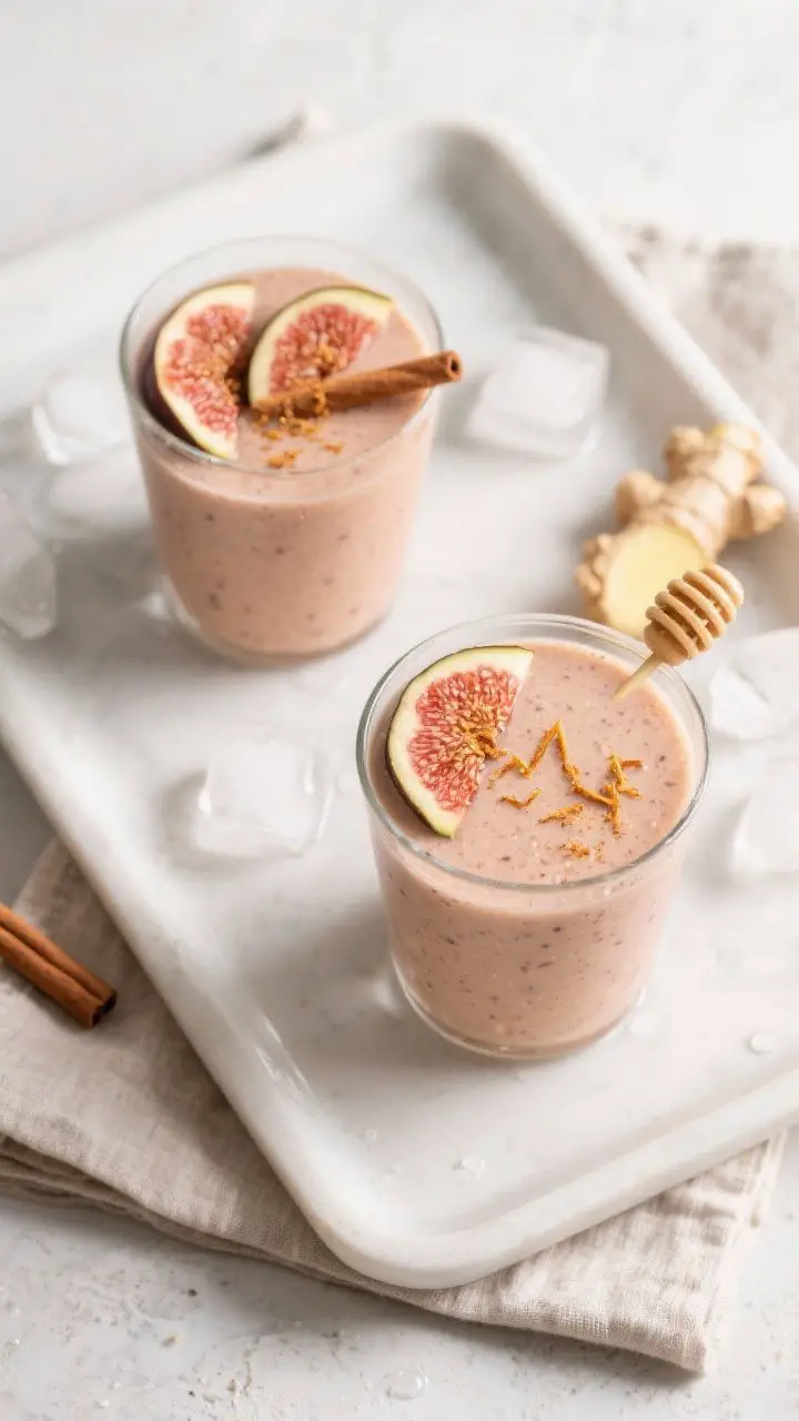 Tasty top view: Overhead shot of the final Ginger Fig Smoothie in two glasses on a matte white tray,