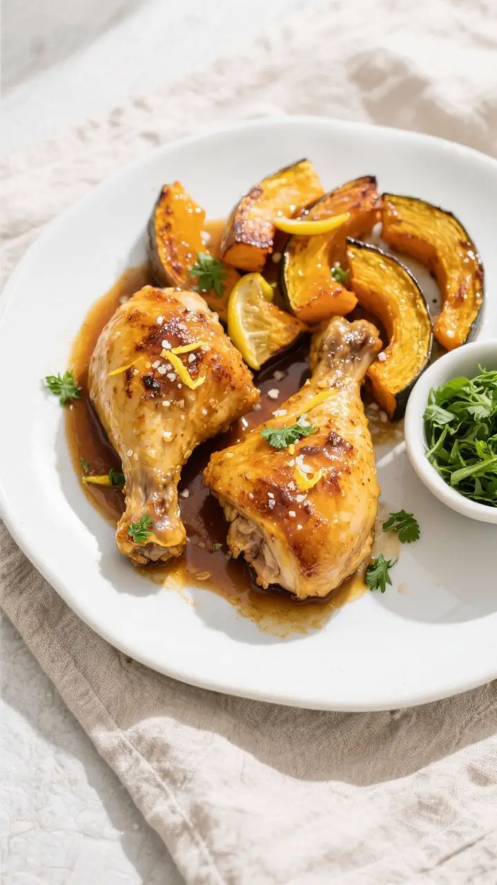 Tasty top view: Overhead shot of the final plated Maple Dijon Chicken with Roasted Squash—two gold