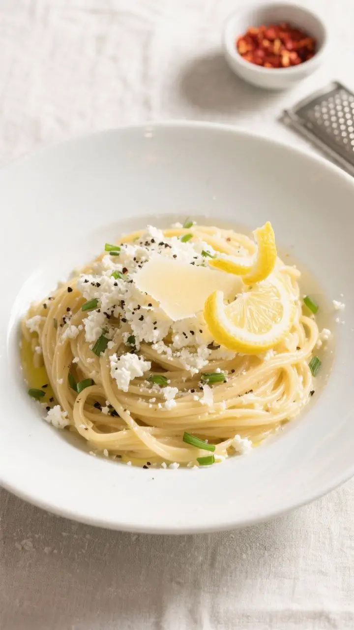 Tasty top view: Overhead shot of the finished Cottage Cheese Pasta plated in a wide white bowl—sil