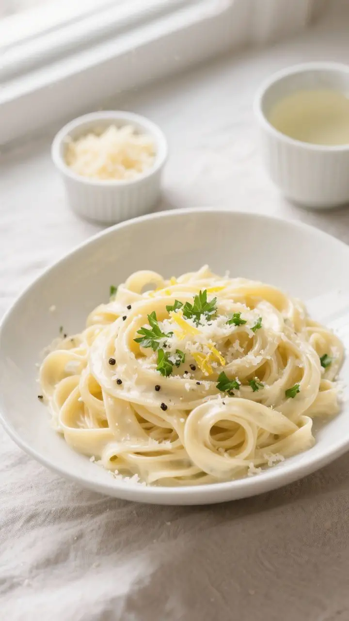 Tasty top view: Overhead shot of the finished Creamy Fettuccine Alfredo twirled into neat nests in a