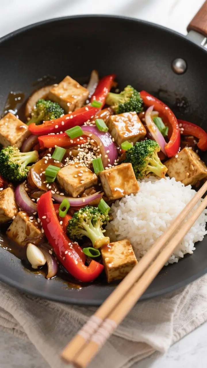 Tasty top view: Overhead shot of the finished garlic soy tofu stir fry in a wide black wok—glossy 