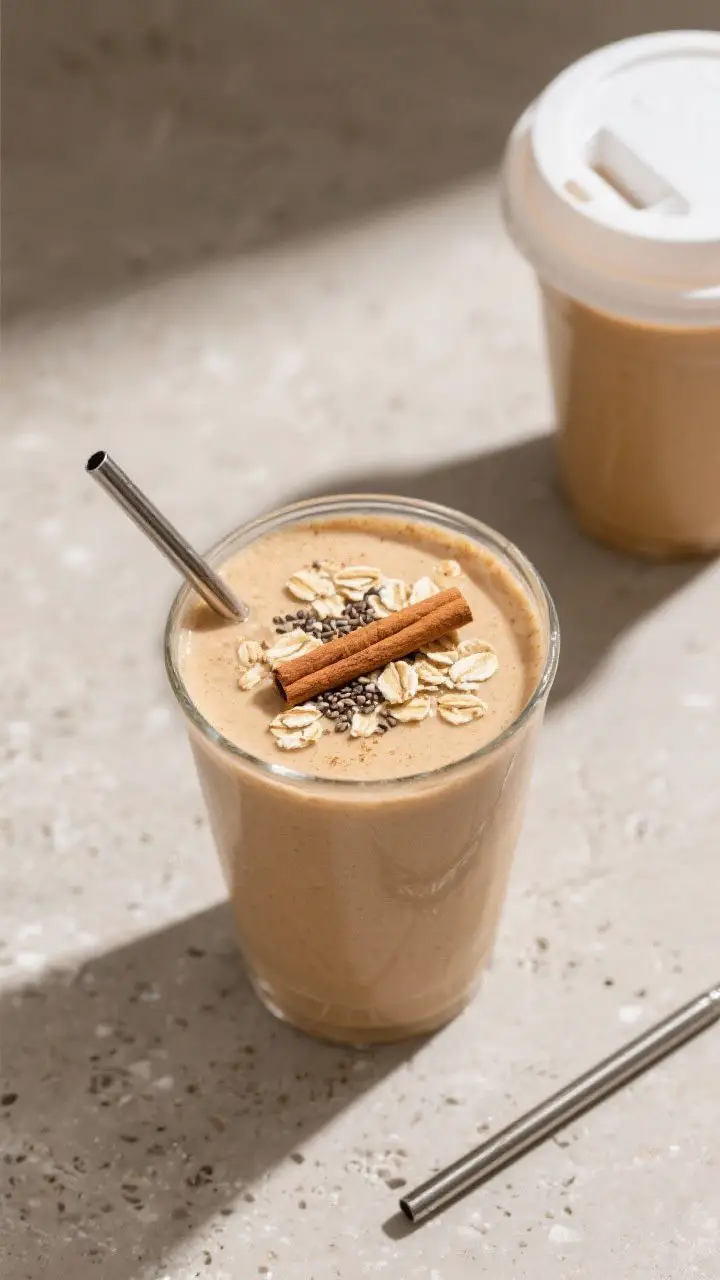 Tasty top view: Overhead shot of the finished High-Protein Peanut Butter & Oats Smoothie in a clear