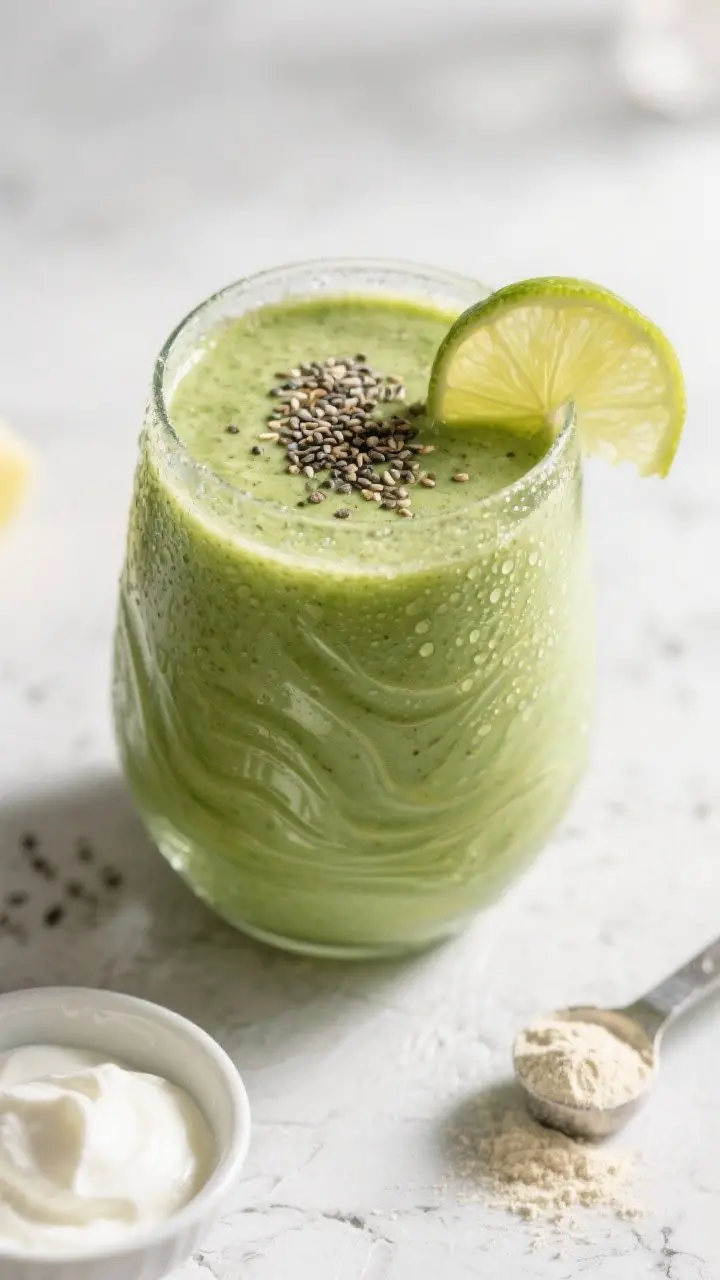 Tasty top view: Overhead shot of the finished High-Protein Tropical Green Smoothie in a wide glass,