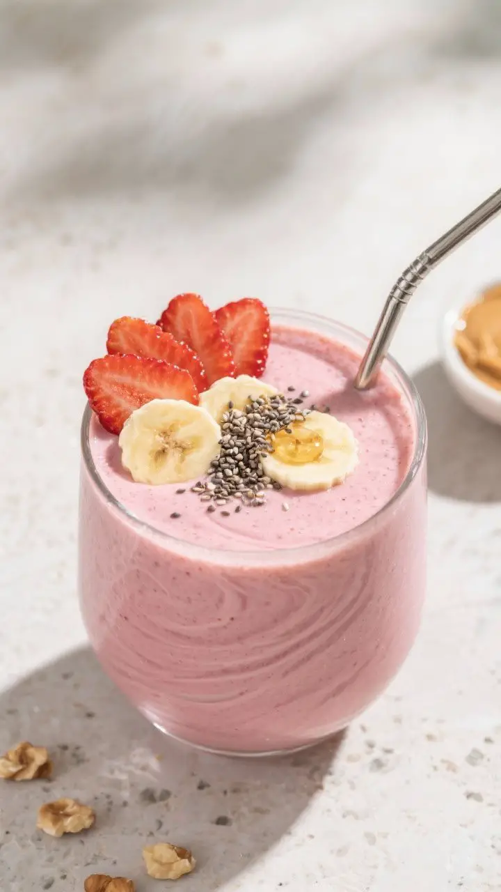 Tasty top view: Overhead shot of the finished High-Protein Strawberry Banana Smoothie in a wide glas
