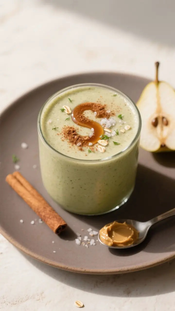 Tasty top view: Overhead shot of the finished Pear Cinnamon Oat Smoothie served in a wide tumbler on