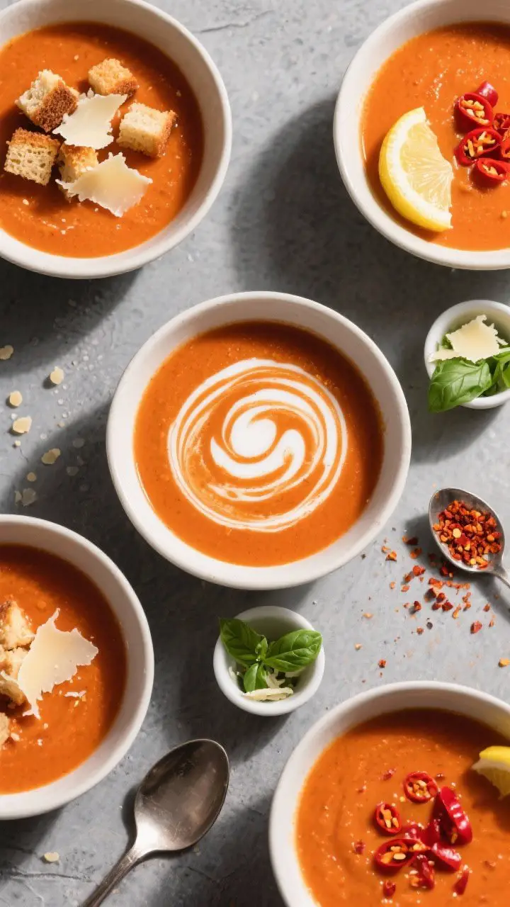 Tasty top view: Overhead shot of the finished soup styled for serving—several bowls arranged on a 
