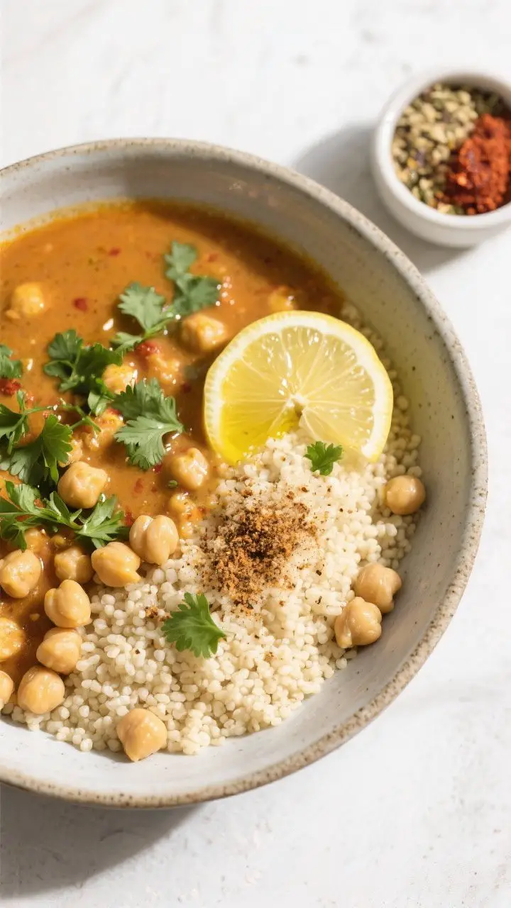 Tasty top view: Overhead shot of the finished soup set as a grain bowl hybrid—ladled over a bed of