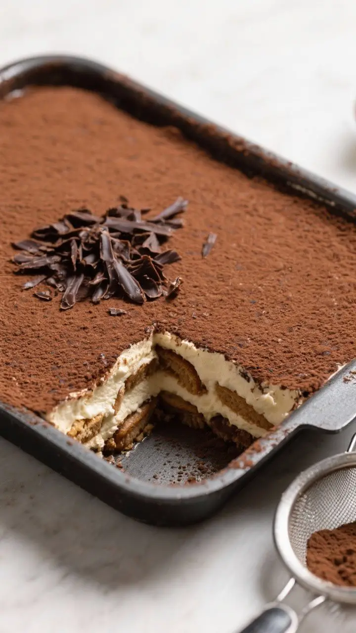 Tasty top view: Overhead shot of the finished tiramisu in the pan moments before serving, generously