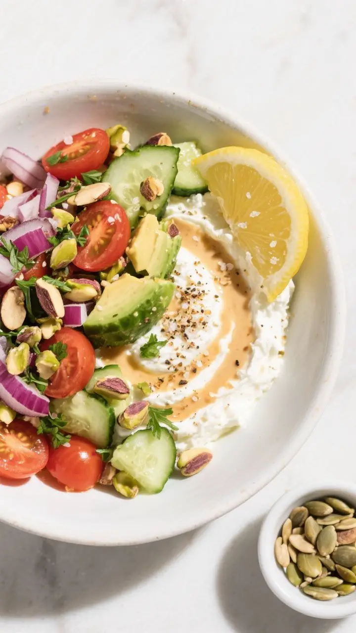 Tasty top view: Overhead shot of the fully assembled High-Protein Crunch Bowl in a wide, low white b