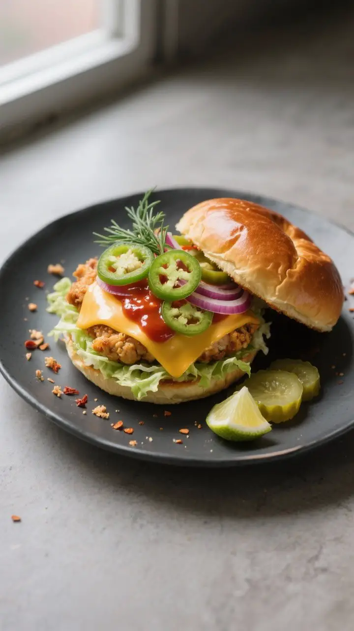 Tasty top view: Overhead shot of the fully assembled Chicken & Jalapeño Hot Burger on a matte charc