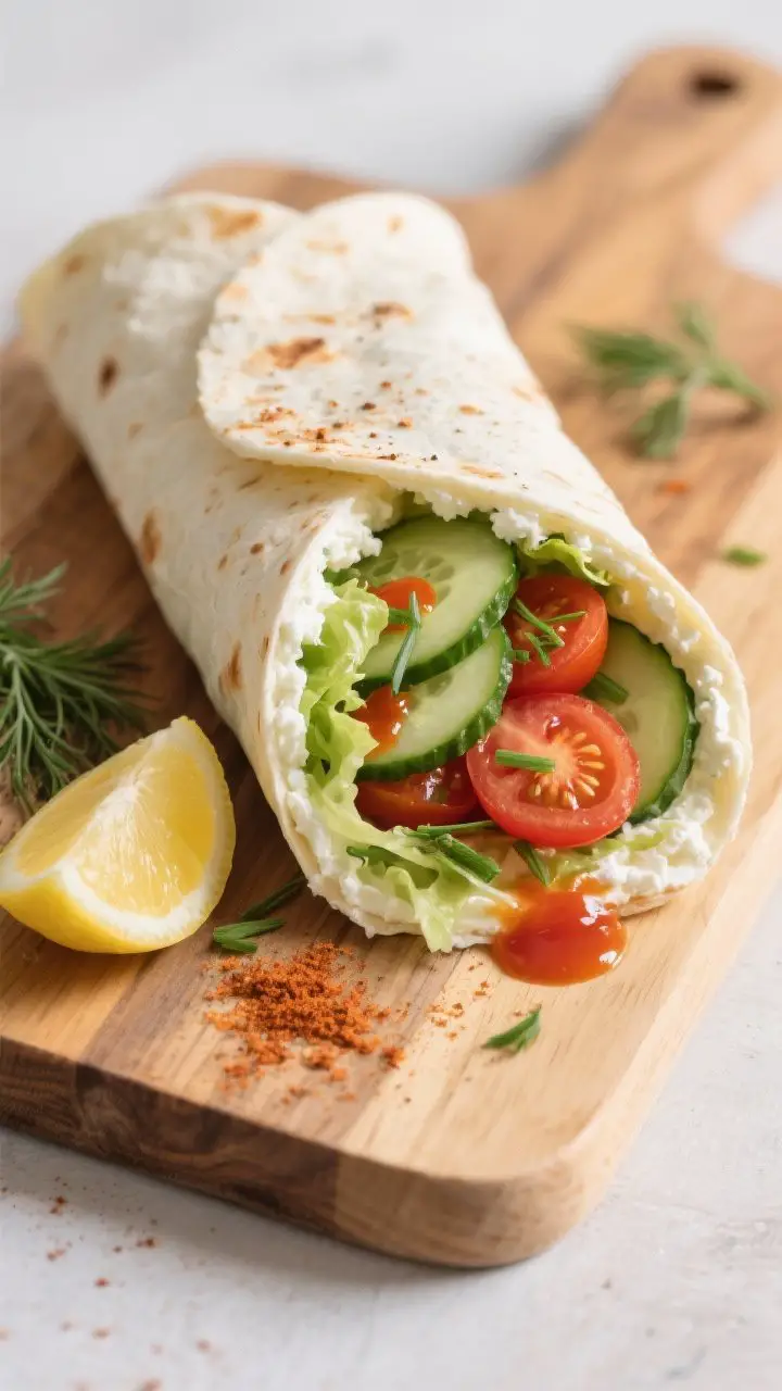 Tasty top view: Overhead shot of the sliced cottage cheese wrap on a wooden board, halves angled to