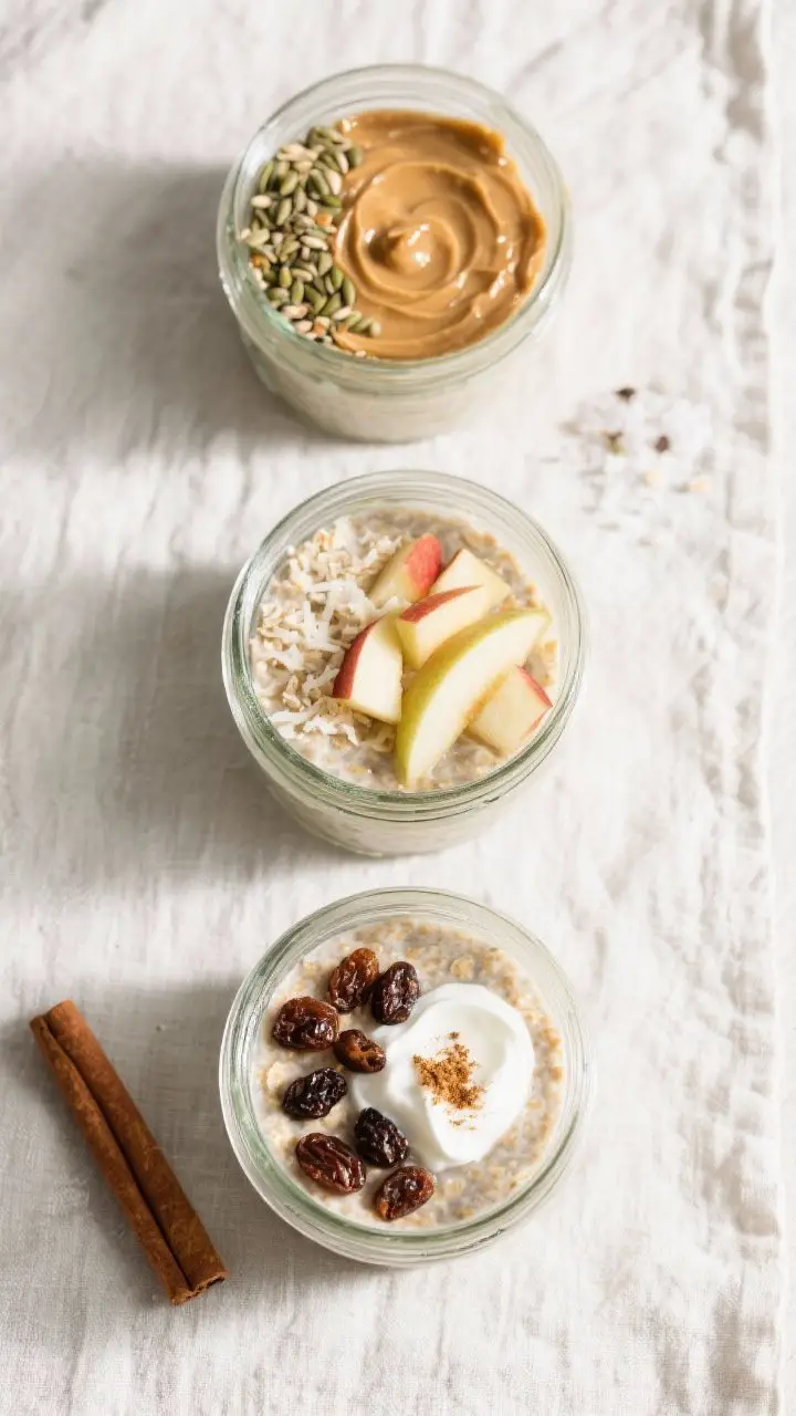 Tasty top view: Overhead shot of three meal-prep jars filled with prepared overnight oats at differe