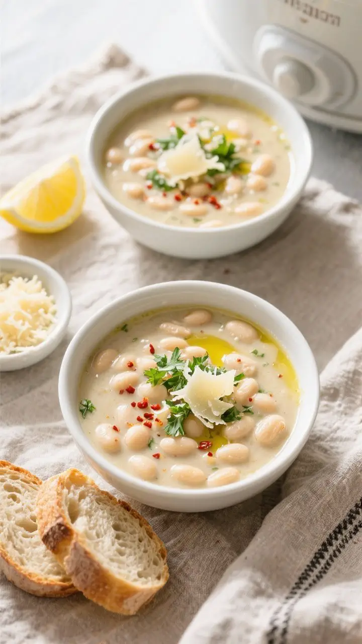 Tasty top view: Overhead shot of two bowls of Creamy Tuscan White Bean Crockpot Soup on a rustic lin