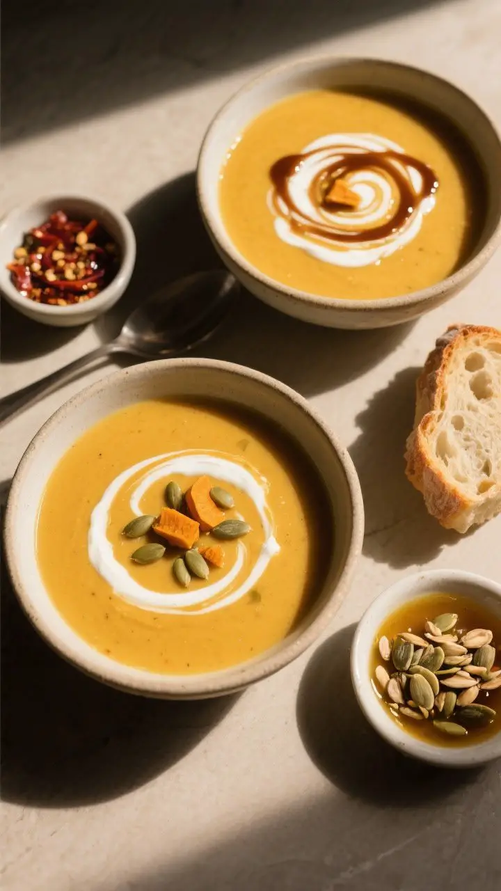 Tasty top view: Overhead shot of two bowls of the soup showing velvety consistency and balanced garn