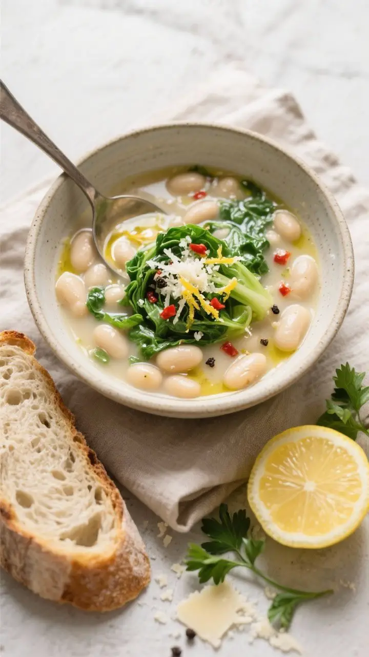 Tasty top view, overhead shot: Overhead of a ladled bowl of Rustic Tuscan White Bean & Escarole Soup