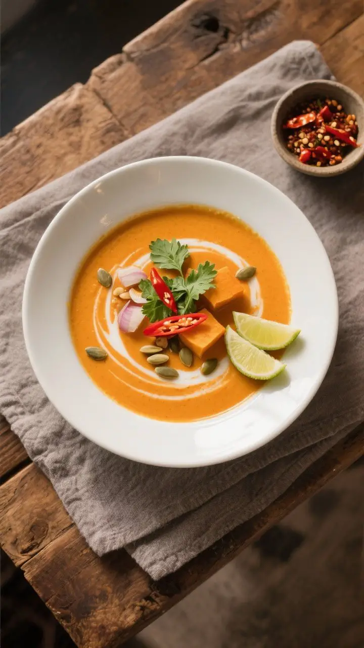 Tasty top view, overhead: Silky Thai-inspired pumpkin soup in a wide white bowl, vibrant sunset-oran