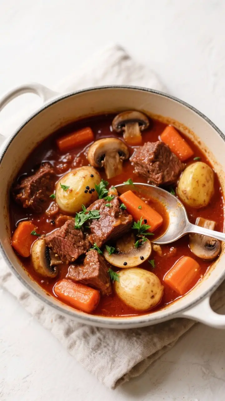 Tasty top view, overhead stew shot: Overhead shot of the finished red wine beef stew at a spoon-coat