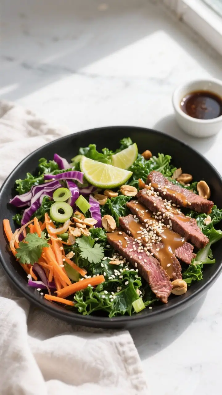 Tasty top view, salad assembly: Overhead shot of the Asian Sesame Beef and Kale Salad in a wide, mat