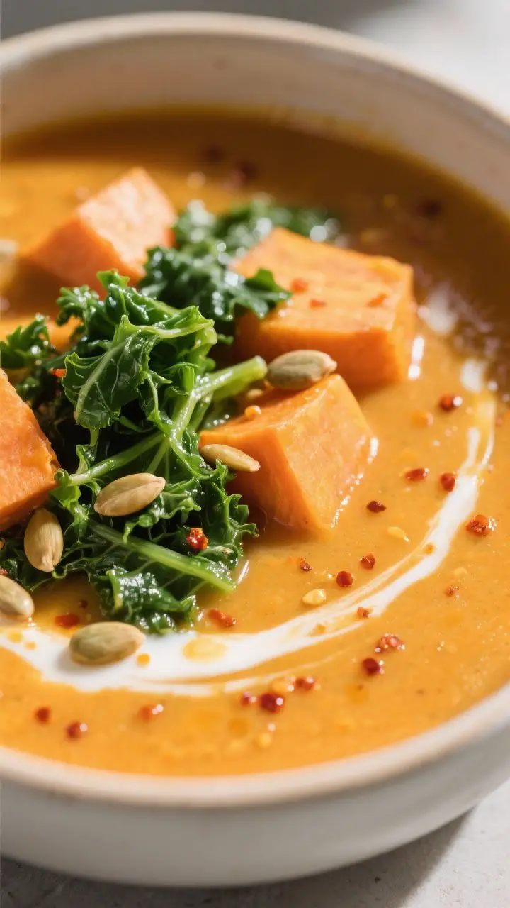 Texture-focused detail: Partial-blended soup being finished with chopped kale—bright emerald ribbo