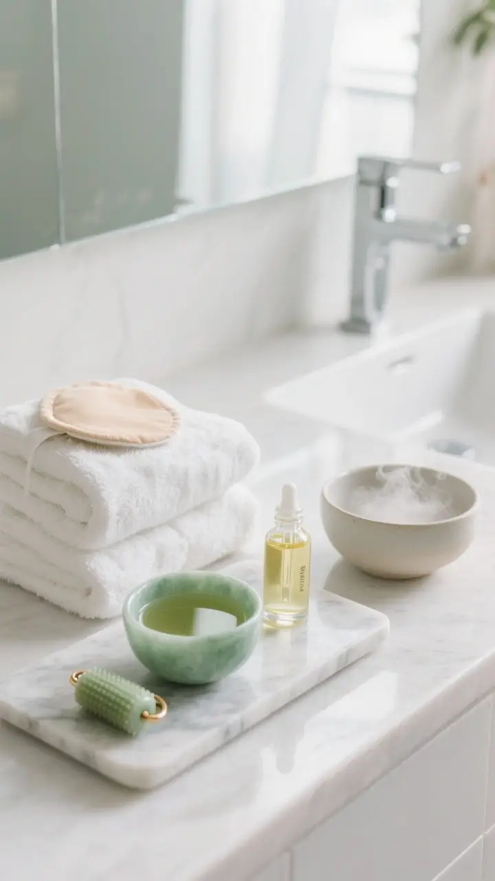 Wide lifestyle setup: Clean, modern bathroom counter scene arranged for a mini spa ritual—stacked