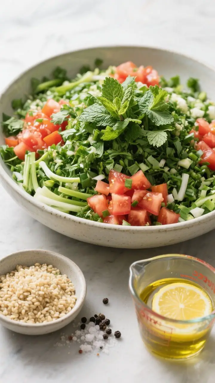 45-degree angle, ingredient-forward prep shot for Lebanese tabbouleh emphasizing herbs: a large mixing bowl piled high with finely chopped flat-leaf parsley and mint, with neat mounds of finely diced firm tomatoes and thinly sliced scallions around the edges. A small bowl of soaked-and-drained fine bulgur ready to be folded in, and a glass measuring cup with a bright lemon juice and olive oil dressing, salt and black pepper visible. Clean, fresh, green-saturated color palette; bright, natural light to convey ultra-refreshing flavors.