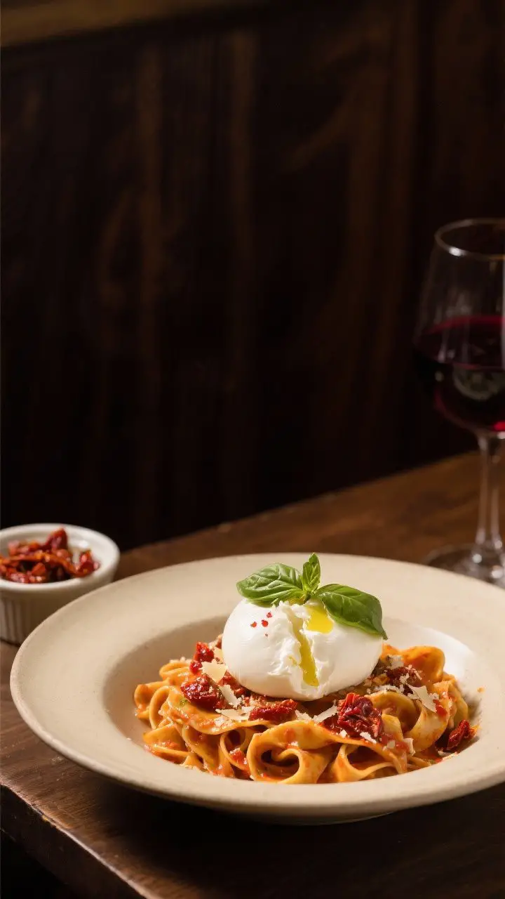 45-degree plated shot of Sun-Dried Tomato Pappardelle swirled into loose nests in a matte cream bowl, coated in a silky sun-dried tomato–passata–cream sauce with a hint of red pepper; torn burrata pooled on top, ribbons of fresh basil, and grated Parmesan dusted over; finishing drizzle of olive oil glistening; warm, moody restaurant lighting with a dark wood backdrop; a small ramekin of chopped sun-dried tomatoes and a glass of red wine in soft blur.