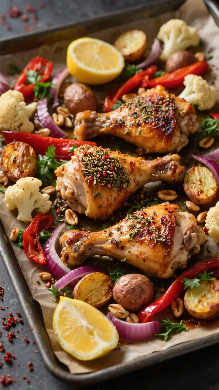 45-degree sheet-pan scene of Za’atar Chicken: bone-in, skin-on chicken thighs roasted to crisp, bronzed skin, dusted with za’atar and cumin; tray crowded with caramelized halved baby potatoes, cauliflower florets, and red bell pepper strips; lemon wedges blistered; finished with ruby strands of sumac-tossed red onion, chopped parsley, and a scatter of toasted pine nuts; extra sumac pinched over top; minimal-prop weeknight vibe on parchment-lined pan, sharp detail on spice texture, moody Mediterranean lighting.