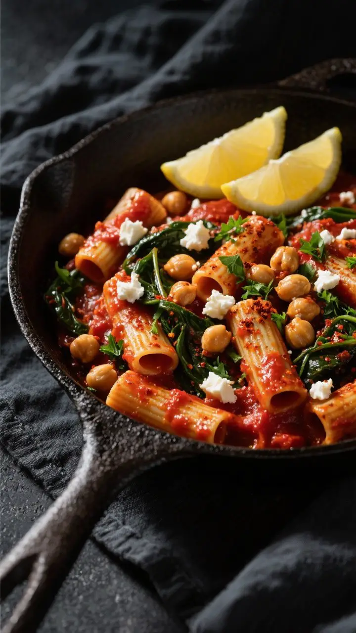 45-degree skillet shot of Spicy Harissa Rigatoni: rigatoni lacquered in a deep red harissa–tomato paste sauce, wilted baby spinach folded through; crowned with roasted, paprika-dusted chickpeas and crumbled feta; lemon wedges ready for squeezing, chopped parsley sprinkled lightly; dramatic contrast with a dark cast-iron pan on a charcoal linen, directional light to highlight gloss and texture.