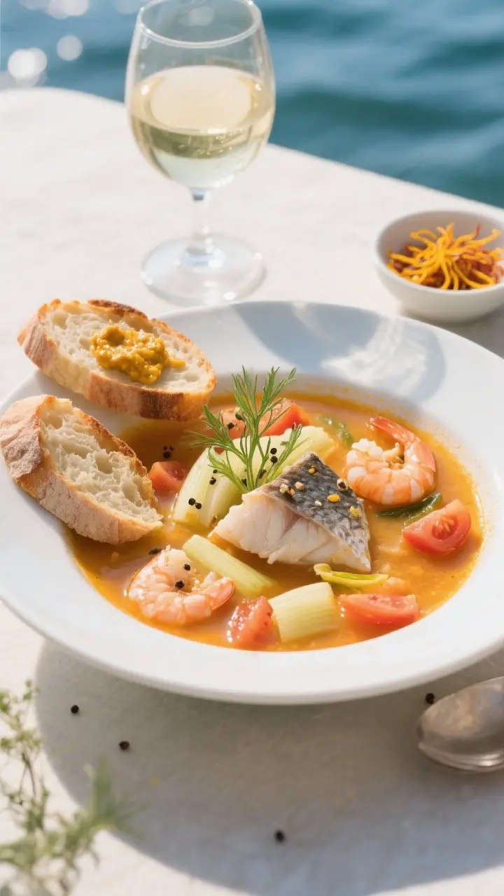 A 45-degree coastal-style presentation of Provençal fish soup with saffron: a wide, shallow bowl of brothy, golden-orange soup with visible diced tomatoes, tender fennel and leek, and chunks of white fish and pink shrimp just cooked through. Garnish with fennel fronds, cracked pepper, and serve with crusty toasted bread spread with rouille resting on the rim and another slice floating slightly in the broth. Include a small glass of dry white wine and a pinch bowl of saffron threads in the scene, bright natural light for a seaside feel.