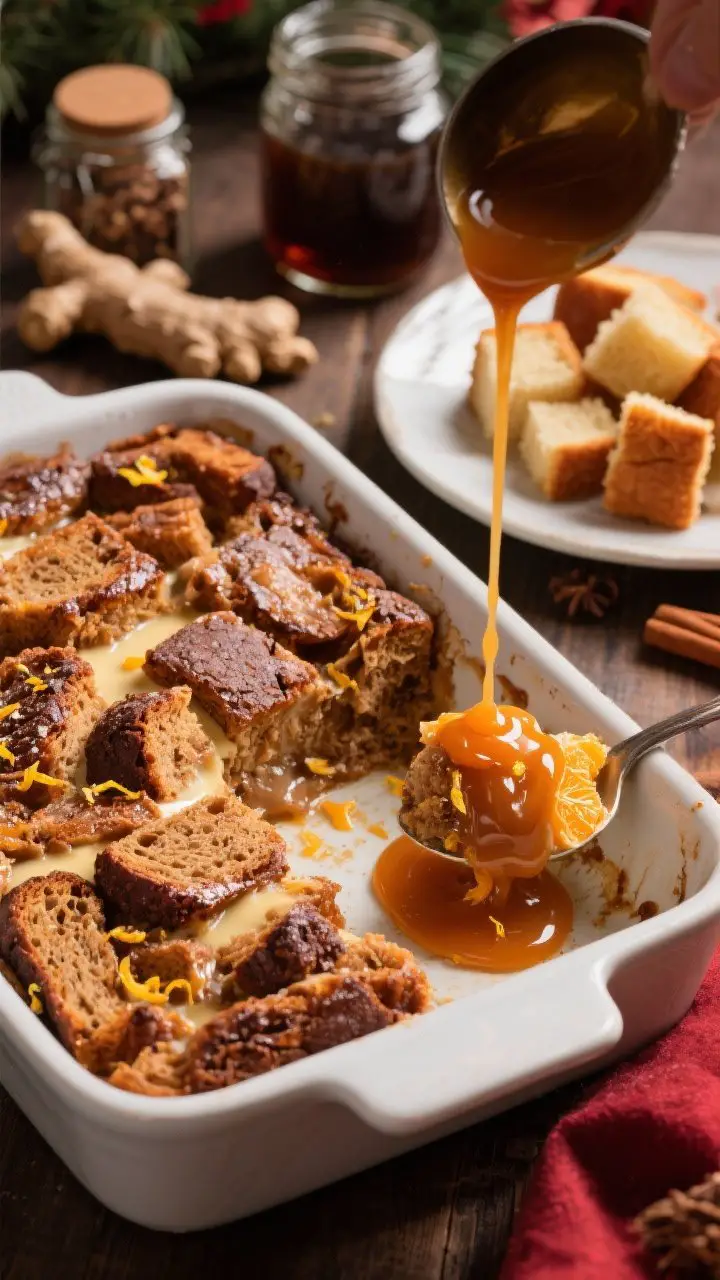 A 45-degree plated shot of gingerbread bread pudding in a 9x9 baking dish with a crackly, spiced top and custardy center; a warm stream of orange caramel being drizzled over a scooped portion on a side plate, citrus zest flecks visible in the sauce; spice jars (ginger, cinnamon, nutmeg, allspice), molasses jar, and cubed brioche in the background; deep amber caramel tones, holiday coziness, sharp focus on sauce gloss and bread texture
