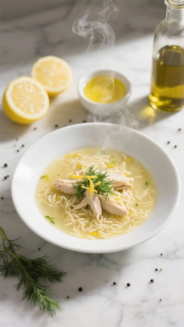 A 45-degree plated shot of Greek avgolemono: a shallow white bowl filled with silky, pale-yellow lemon chicken soup with tiny orzo grains, shredded chicken pieces, and a glossy olive oil sheen. Garnish with chopped fresh dill and a whisper of lemon zest. Place lemon halves and a small bowl of extra lemon juice nearby, plus a bottle of extra-virgin olive oil. Gentle steam rising, black pepper specks visible, clean Mediterranean styling on a light marble surface, soft daylight for a soothing, restorative mood.