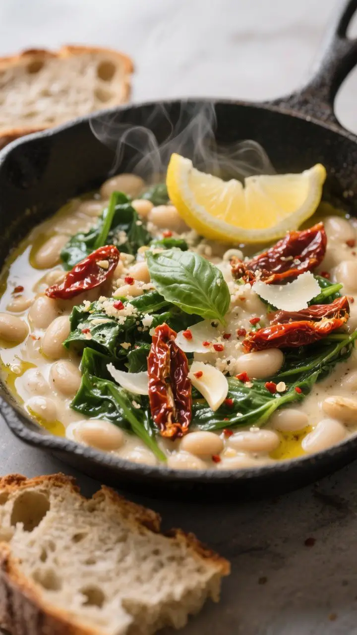 A close-up skillet action shot of Creamy Tuscan White Bean Skillet: cannellini beans in a silky, dairy-free sauce made with vegetable broth and cashew milk, studded with ribbons of oil-packed sun-dried tomatoes and wilted baby spinach. Visible Italian seasoning, red pepper flakes, and thinly sliced garlic. Finish with a squeeze of lemon and chopped fresh basil, a light dusting of Parmesan or nutritional yeast on top. Serve with torn crusty whole-grain bread on the side; emphasize creamy texture, steam rising, and glistening olive oil highlights.