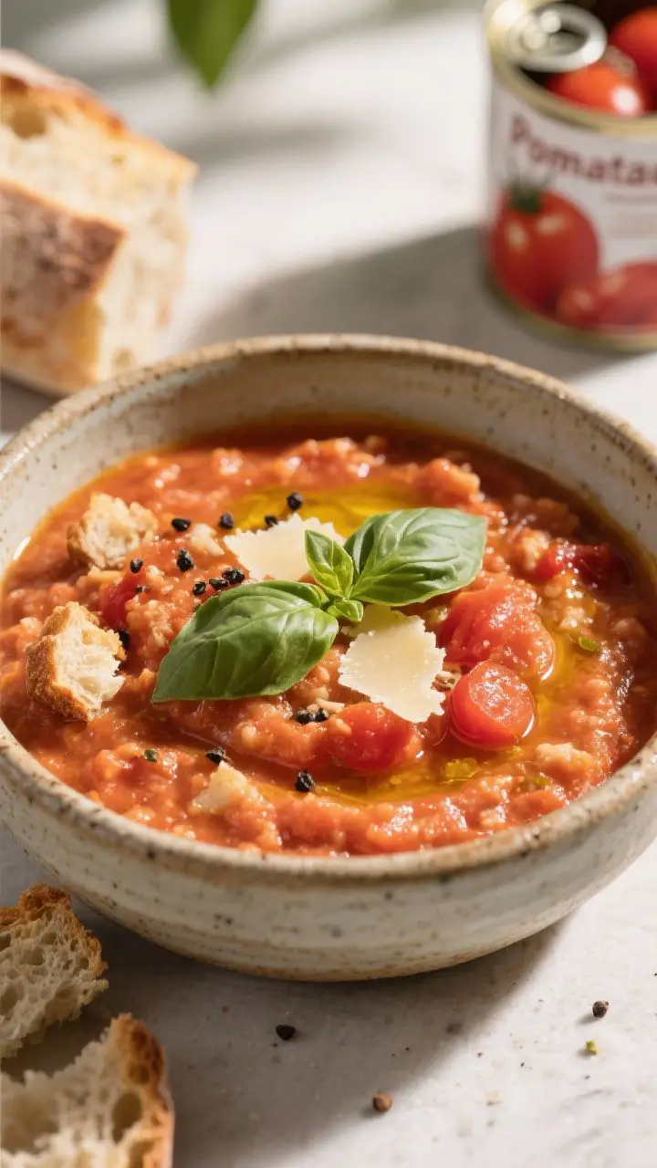 A close-up, straight-on shot of pappa al pomodoro in a rustic ceramic bowl: thick, porridge-like tomato-bread texture with visible torn bread softened into the rich San Marzano tomatoes, glistening with a generous drizzle of extra-virgin olive oil. Torn basil leaves folded in and scattered on top, cracked black pepper, and optional grated Parmigiano-Reggiano showered lightly. A chunk of day-old crusty bread and a can of whole peeled tomatoes in the background blur, sunlit Italian summer vibe.