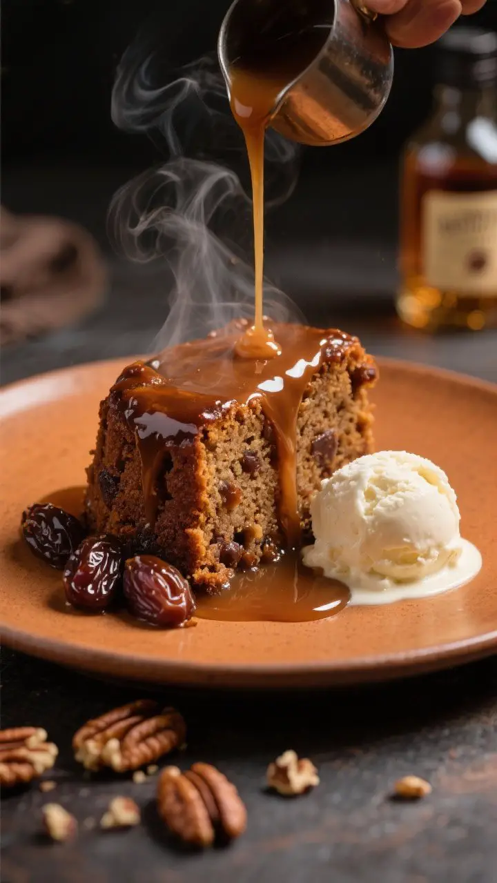 A steaming slice of sticky toffee pudding at 45-degree angle on a warm-toned ceramic plate, date-studded cake soaked with glossy buttery toffee sauce cascading down the sides, a small pitcher pouring extra sauce, a melting scoop of vanilla ice cream pooling at the base, pecan pieces scattered, with a bourbon bottle blur in the background; rich browns and caramels, moist crumb texture, dramatic side lighting for sheen and steam, British comfort dessert mood