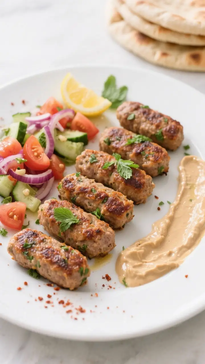 A straight-on plated presentation of Herbed Turkey Kofta: eight oblong, well-browned turkey patties flecked with parsley and mint, seasoned with cumin, coriander, cinnamon, and smoked paprika. Arrange alongside a vibrant tomato-cucumber-red onion salad dressed with lemon and olive oil, and a silky tahini drizzle cascading over the kofta (tahini, lemon, garlic, thinned with warm water). Optional warm whole-wheat pitas stacked in the background. Clean white plate, subtle sumac sprinkle for pop, sharp detail on caramelized edges and herb-speckled interior.