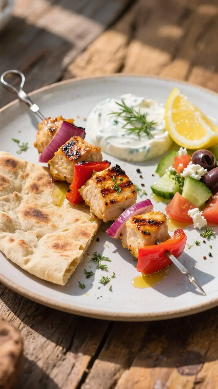 A sunlit 45-degree plated shot of Lemon-Herb Chicken Souvlaki: juicy, lightly charred chicken cubes threaded with red onion and red bell pepper on metal skewers, served with warm whole-wheat pitas, a swoosh of creamy tzatziki (Greek yogurt, grated cucumber, dill, lemon), and lemon wedges. Garnish with a sprinkle of dried oregano and black pepper; add a small side of chopped cucumber-tomato-olive-feta salad for extra color. Emphasize grill marks, glossy olive oil sheen, and the zesty lemon vibe; Mediterranean taverna mood, clean ceramic plate on a rustic wood table.